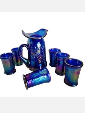Vintage Gibson Carnival Glass Pitcher Glass Set Miniature Blue Irridecent 1996